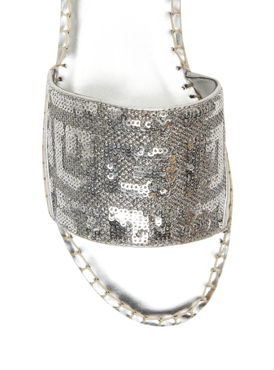 GUESS Women's Silver Sequin Guidany Slides Top View