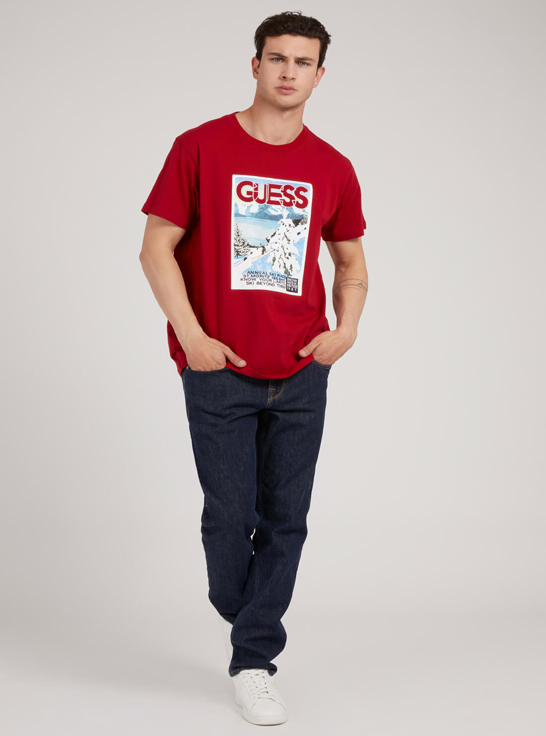 GUESS Mens Red Snow Week Logo T-Shirt M1BI32K8FQ1 Full View