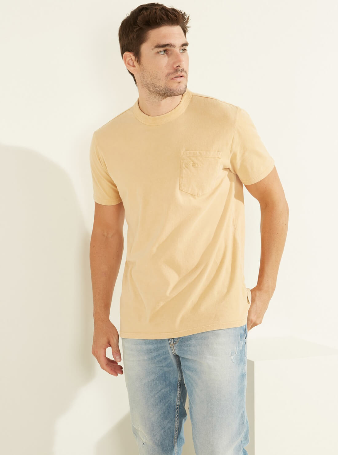 GUESS Mens Desert Orange Sueded Jersey T-Shirt M0FP53RA260 Front View