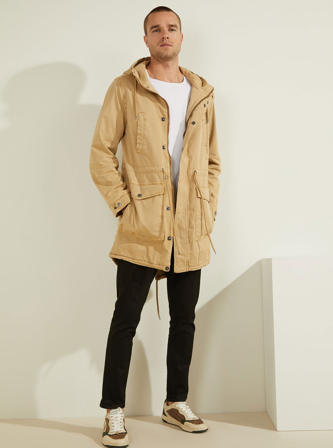 GUESS Twill Hoodie Mens Beige Parka Jacket front full  view