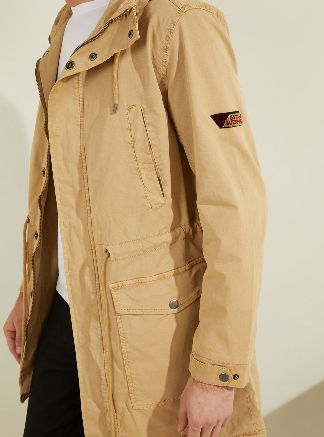 GUESS Mens Desert Beige Twill Hoodie Parka Jacket M0BL4400000 Detail View