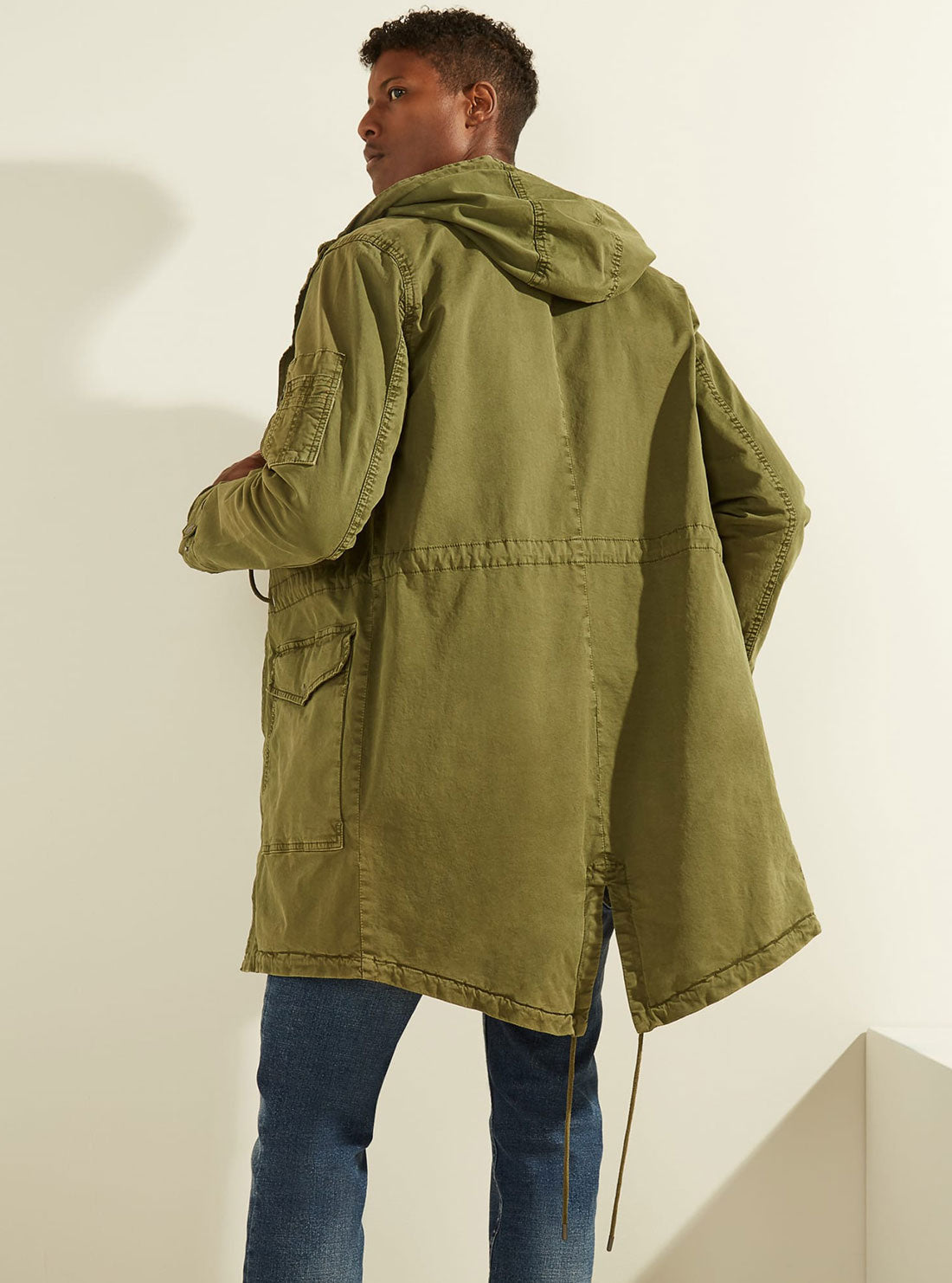 GUESS Mens Khaki Green Twill Hoodie Parka Jacket M0BL4400000 Back View