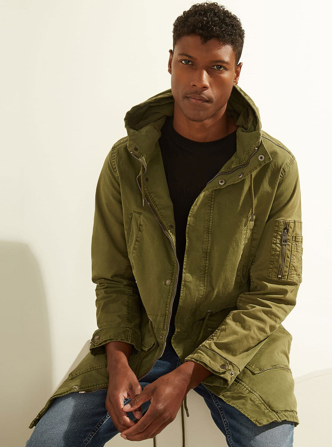 GUESS Mens Khaki Green Twill Hoodie Parka Jacket M0BL4400000 Close View