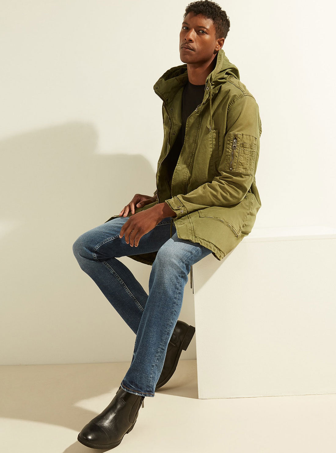 GUESS Mens Khaki Green Twill Hoodie Parka Jacket M0BL4400000 Full View