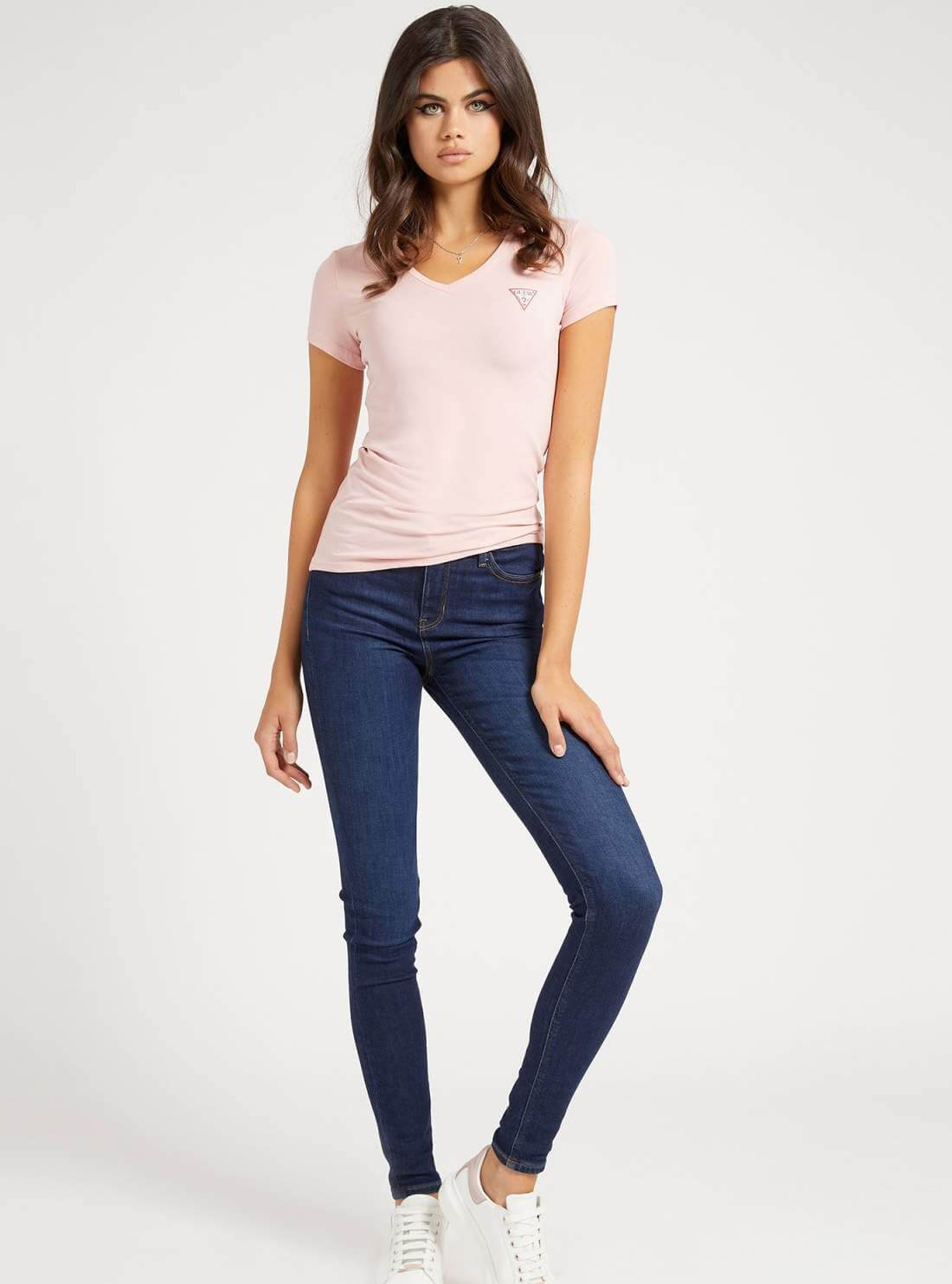 GUESS Womens Light Pink V-Neck Logo T-Shirt W1YI1AJ131 Full View