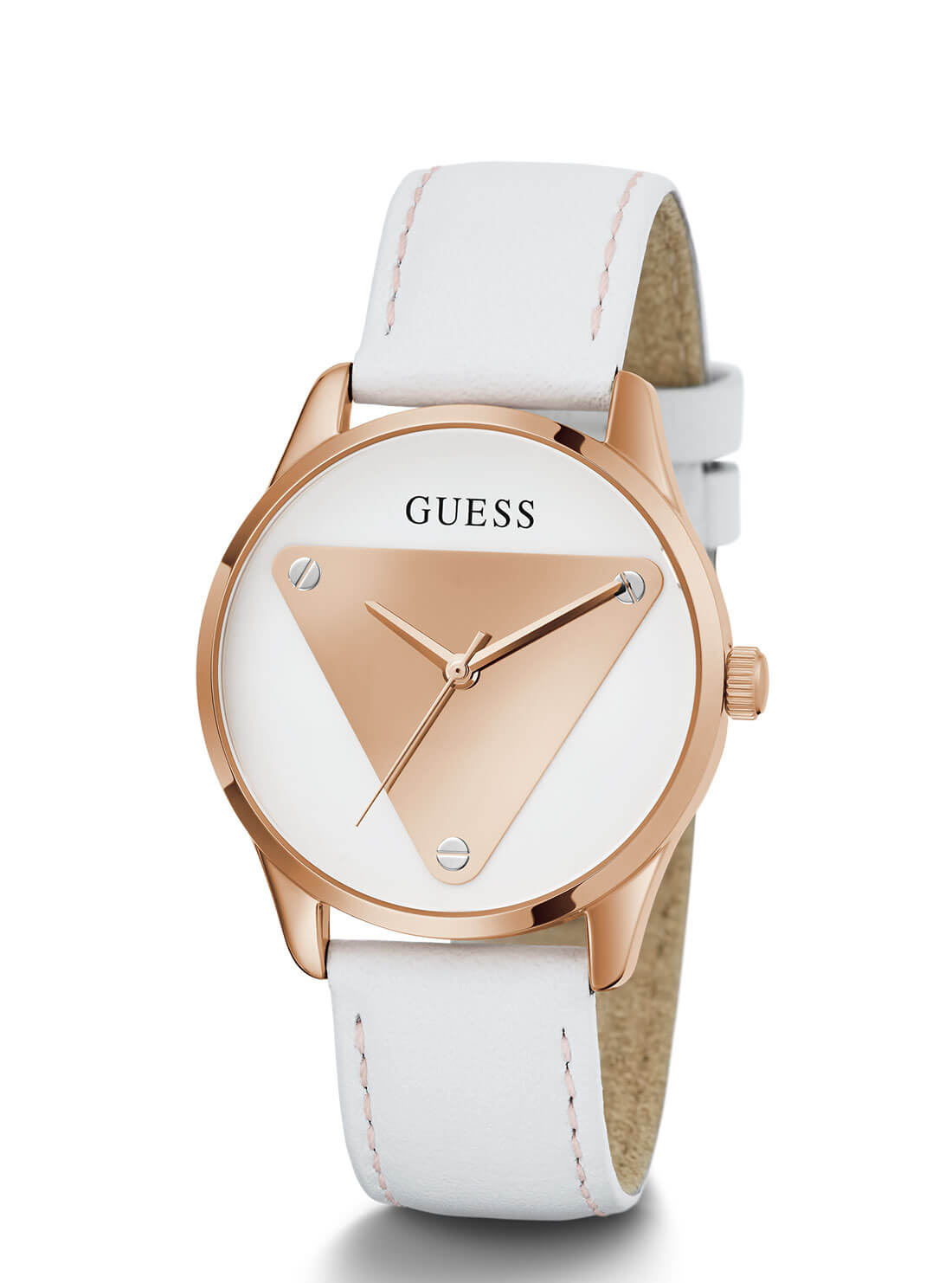   GUESS Womens White Rose Gold Emblem Watch GW0399L2 Front Side Angle View