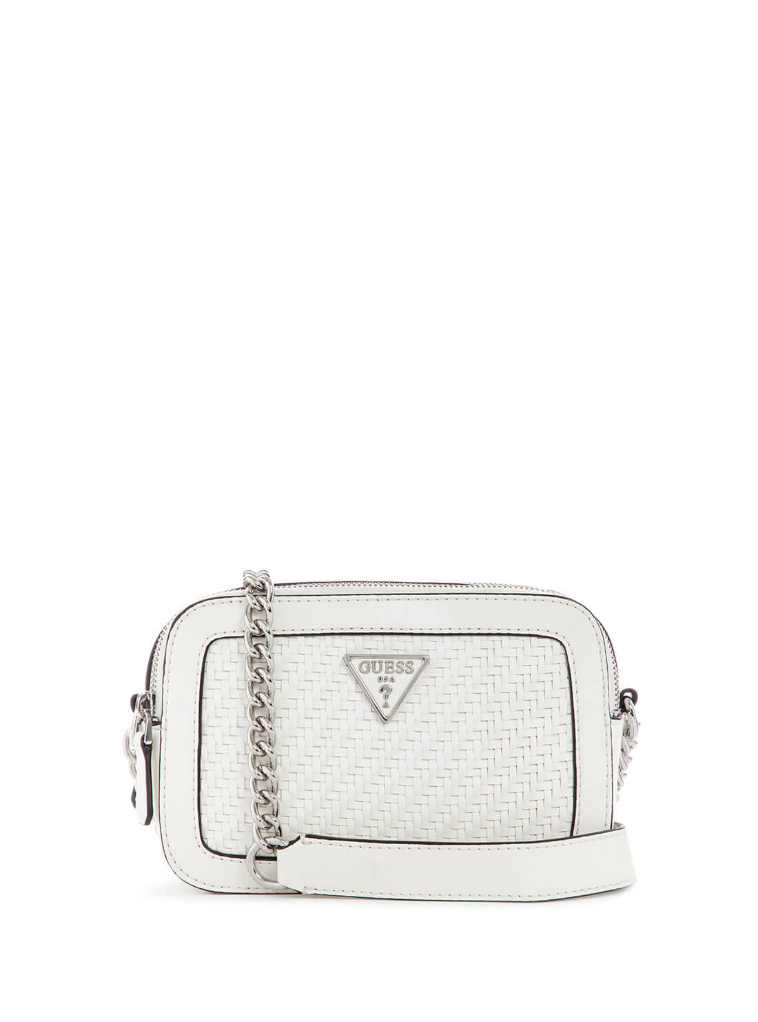 GUESS Womens White Woven Hassie Crossbody Camera Bag VY839714 Front View