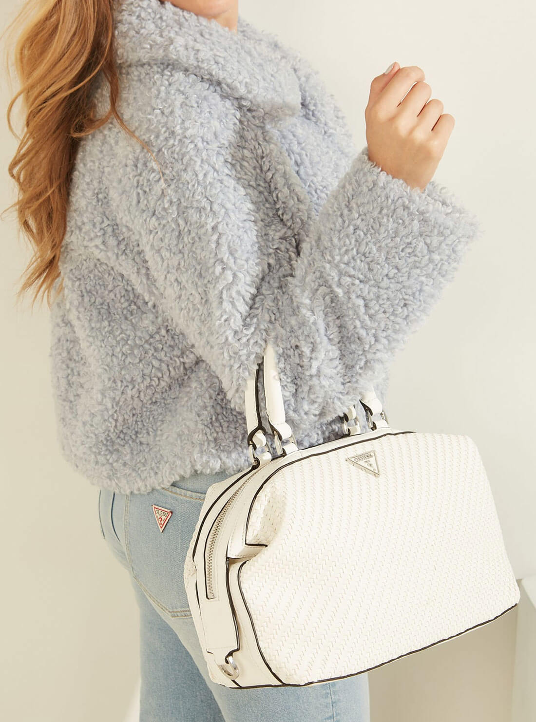 GUESS Womens White Woven Hassie Soho Satchel VY839706 Model View