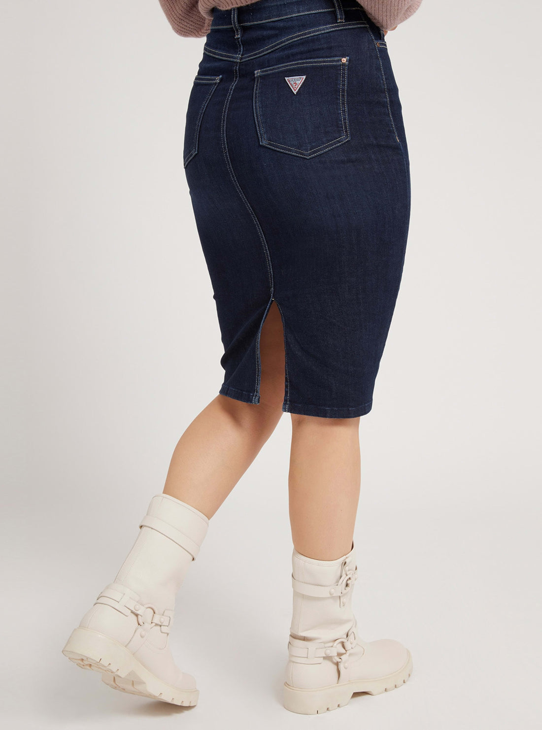 GUESS Womens 80s Longuette Denim Midi Pencil Skirt In Dark Wash W2RD30D4KF4 Back View