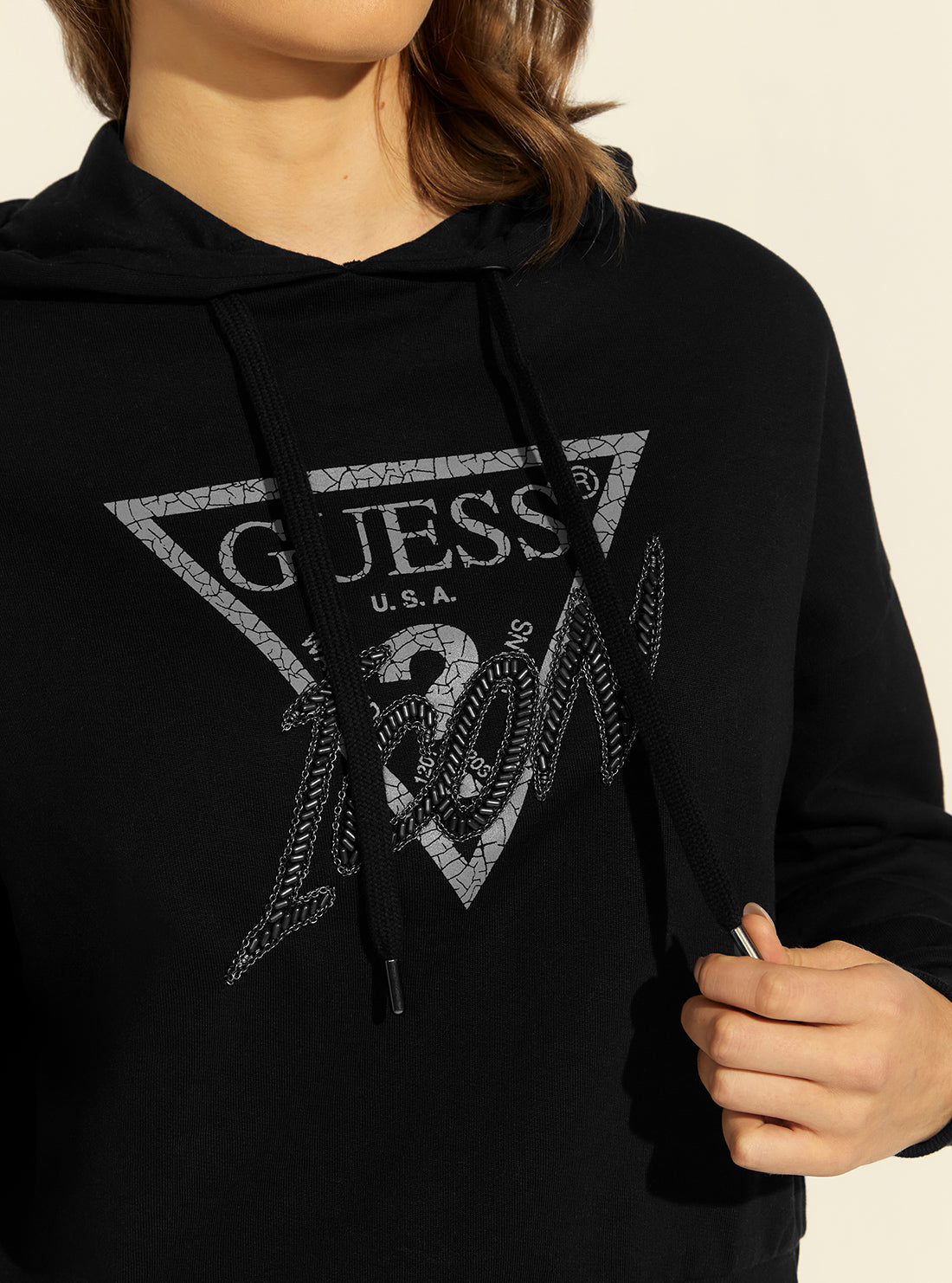 GUESS Womens Black Iconic Logo Hoodie Jumper W2RQ07K68I0 Detail View
