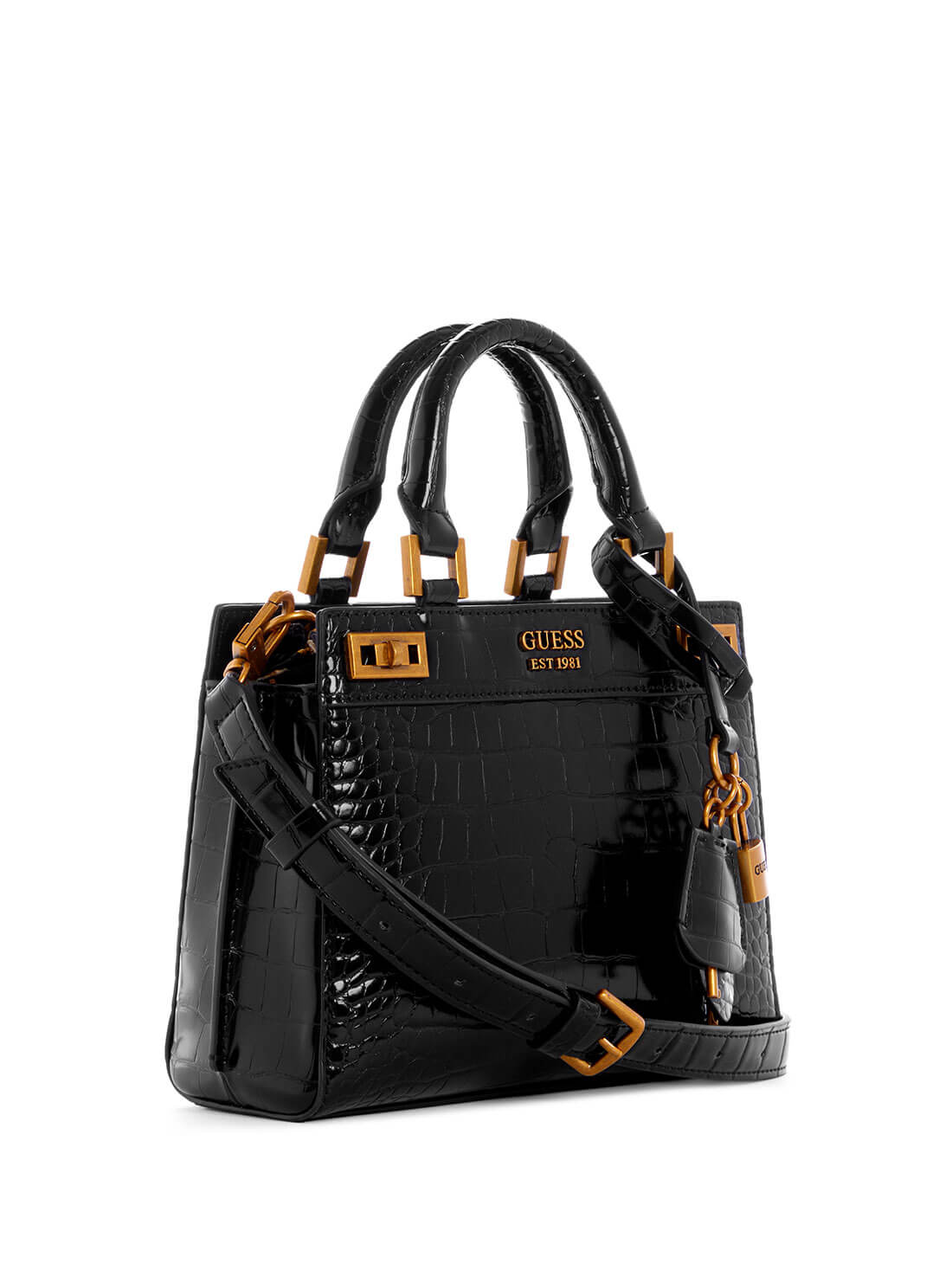 GUESS Womens  Black Katey Croc Mini Satchel Bag CB849473 Front Side View