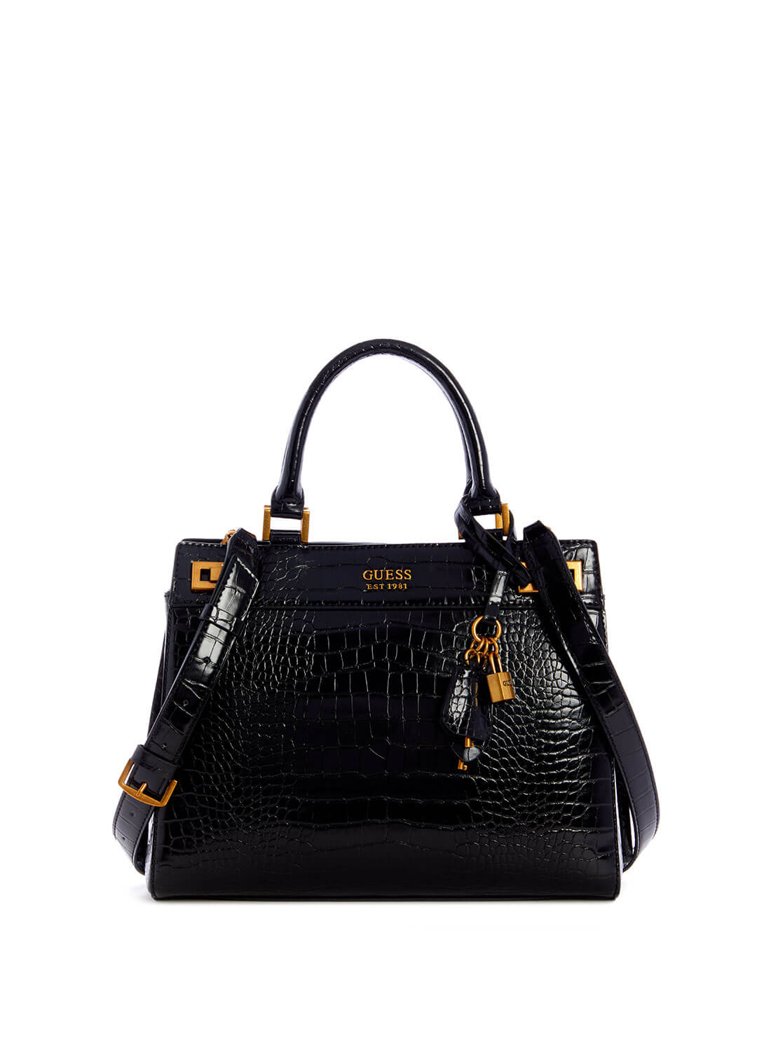 GUESS Womens  Black Katey Luxury Croc Satchel CB849426 Front View