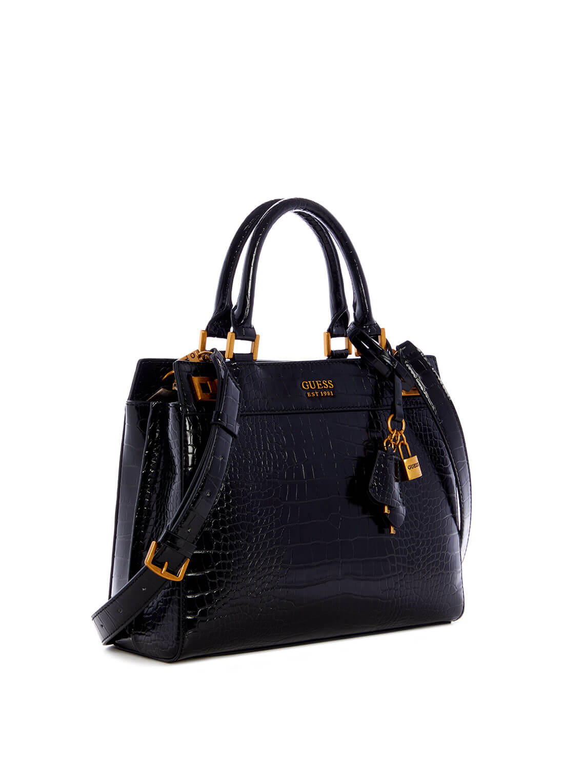 GUESS Womens  Black Katey Luxury Croc Satchel CB849426 Front Side View