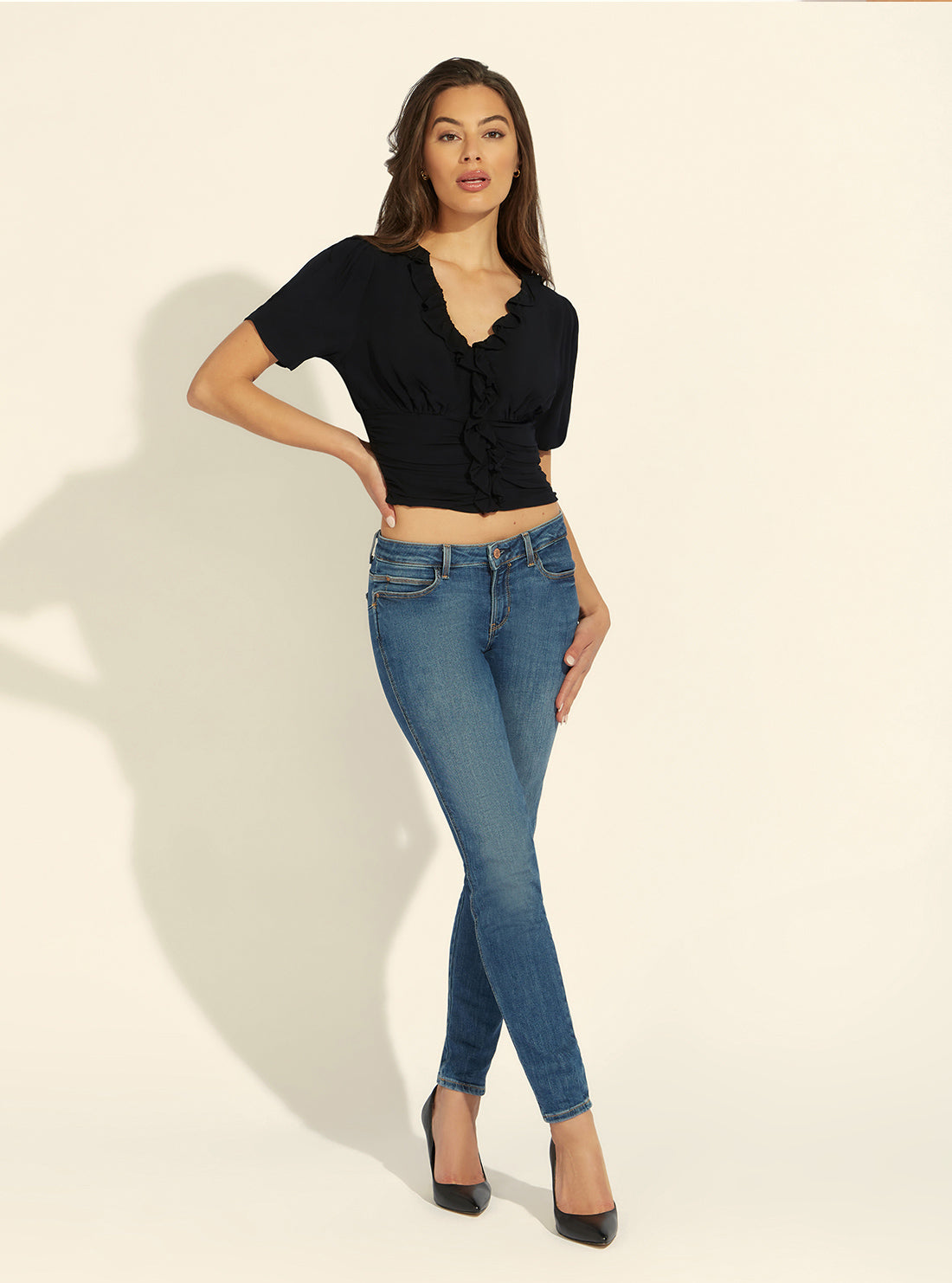 GUESS Womens Black Tiziana Frill Top W2GH58WEKV0 Full View