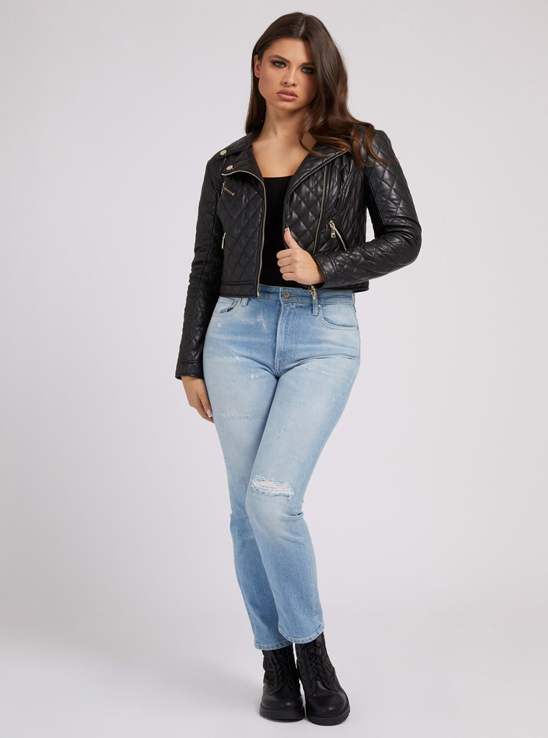 GUESS Womens Black Venom Quilted Faux Leather Jacket W2RL06T08Q0 Model Full View