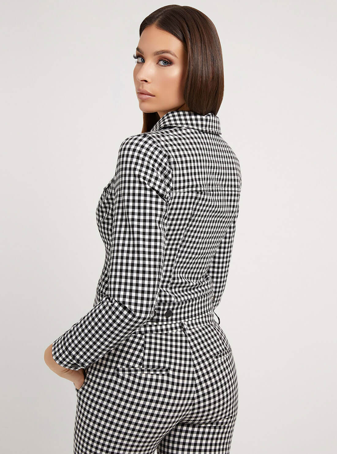 GUESS Womens Black Gingham Romina Trucker Jacket W2GL15WEKU0 Back View