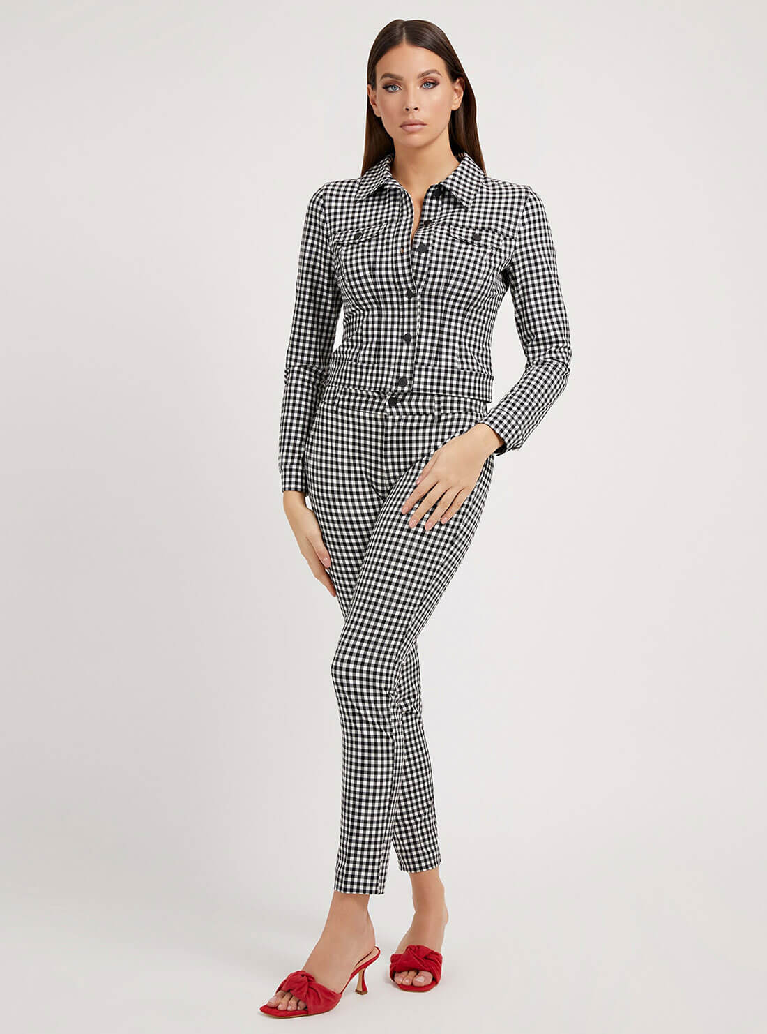 GUESS Womens Black Gingham Romina Trucker Jacket W2GL15WEKU0 Full View