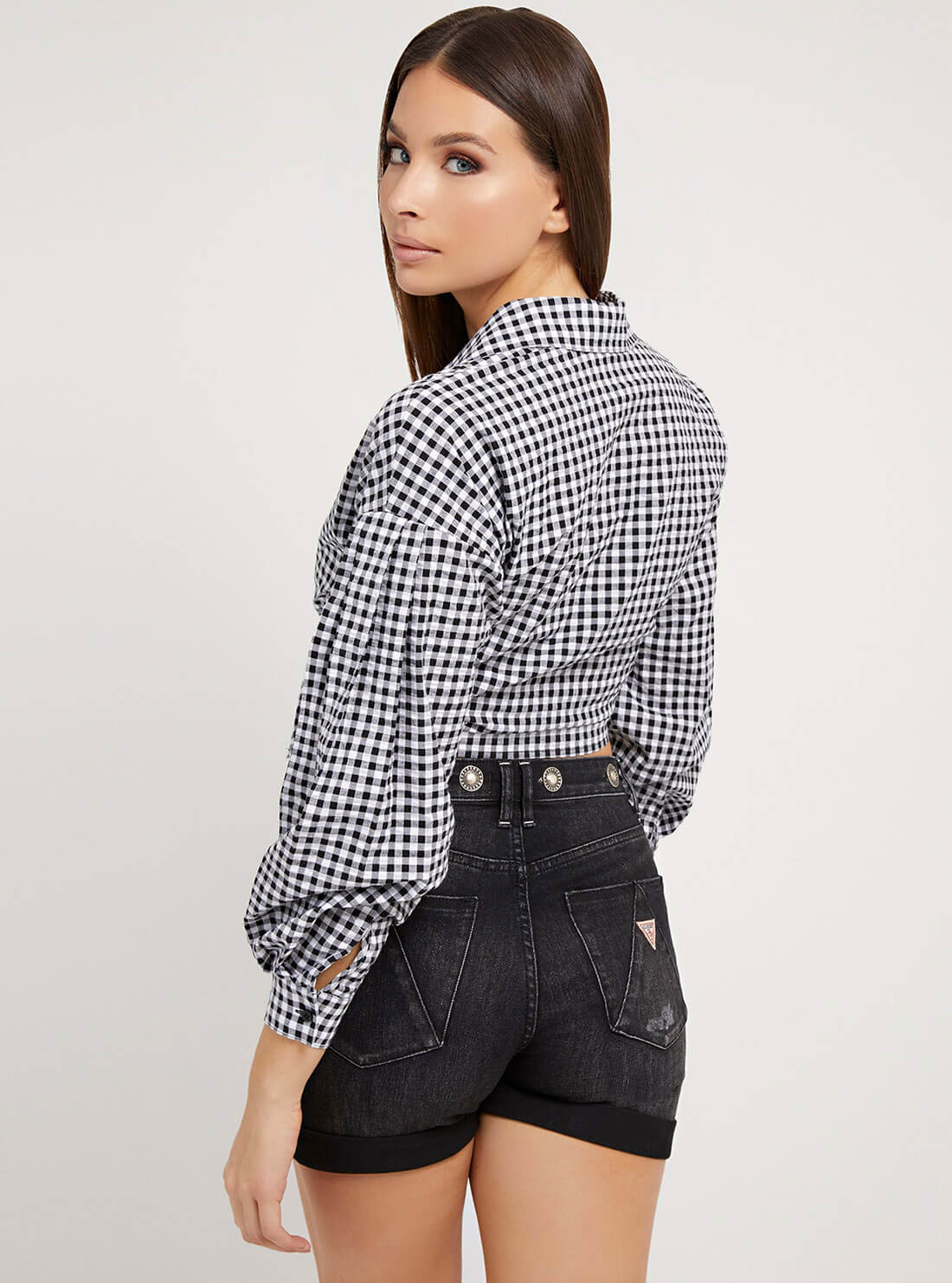 GUESS Womens Black Gingham Savina Tie Shirt W2GH61WDV70 Back View