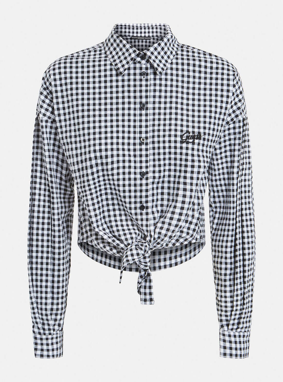 GUESS Womens Black Gingham Savina Tie Shirt W2GH61WDV70 Front Ghost View