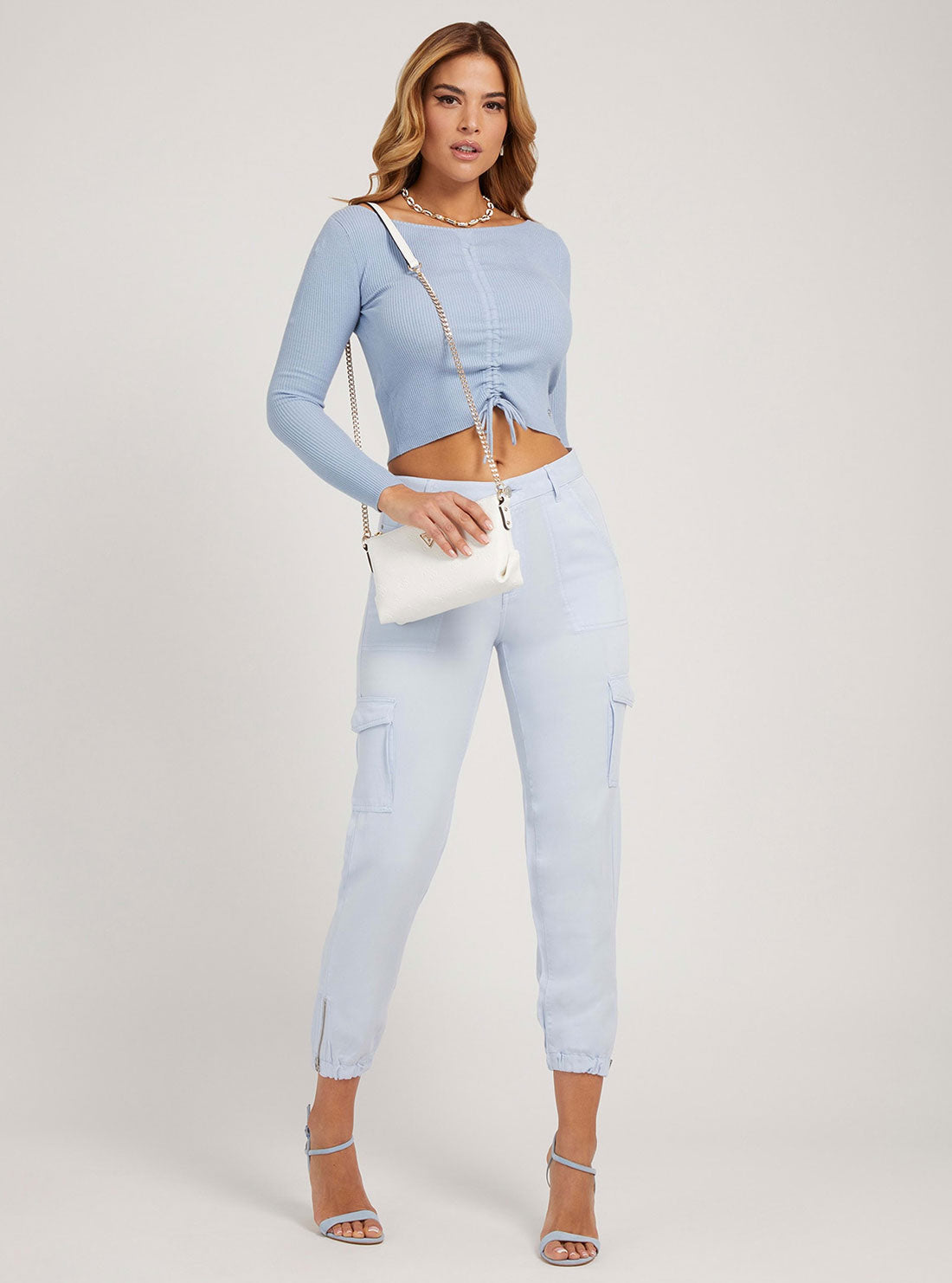 GUESS Womens Eco Blue Sheryl Crop Knit Top W2RR19Z2V42 Full View
