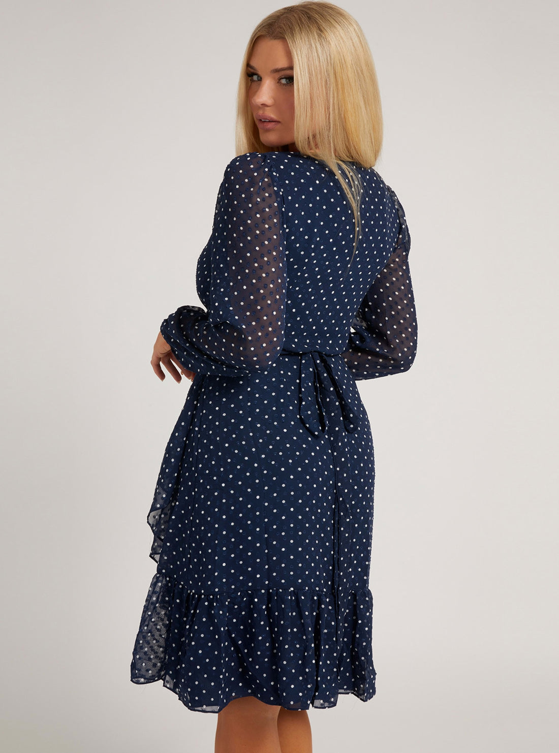 GUESS Womens Blue Dot Nina Wrap Dress W2RK23WEE82 Model Back View