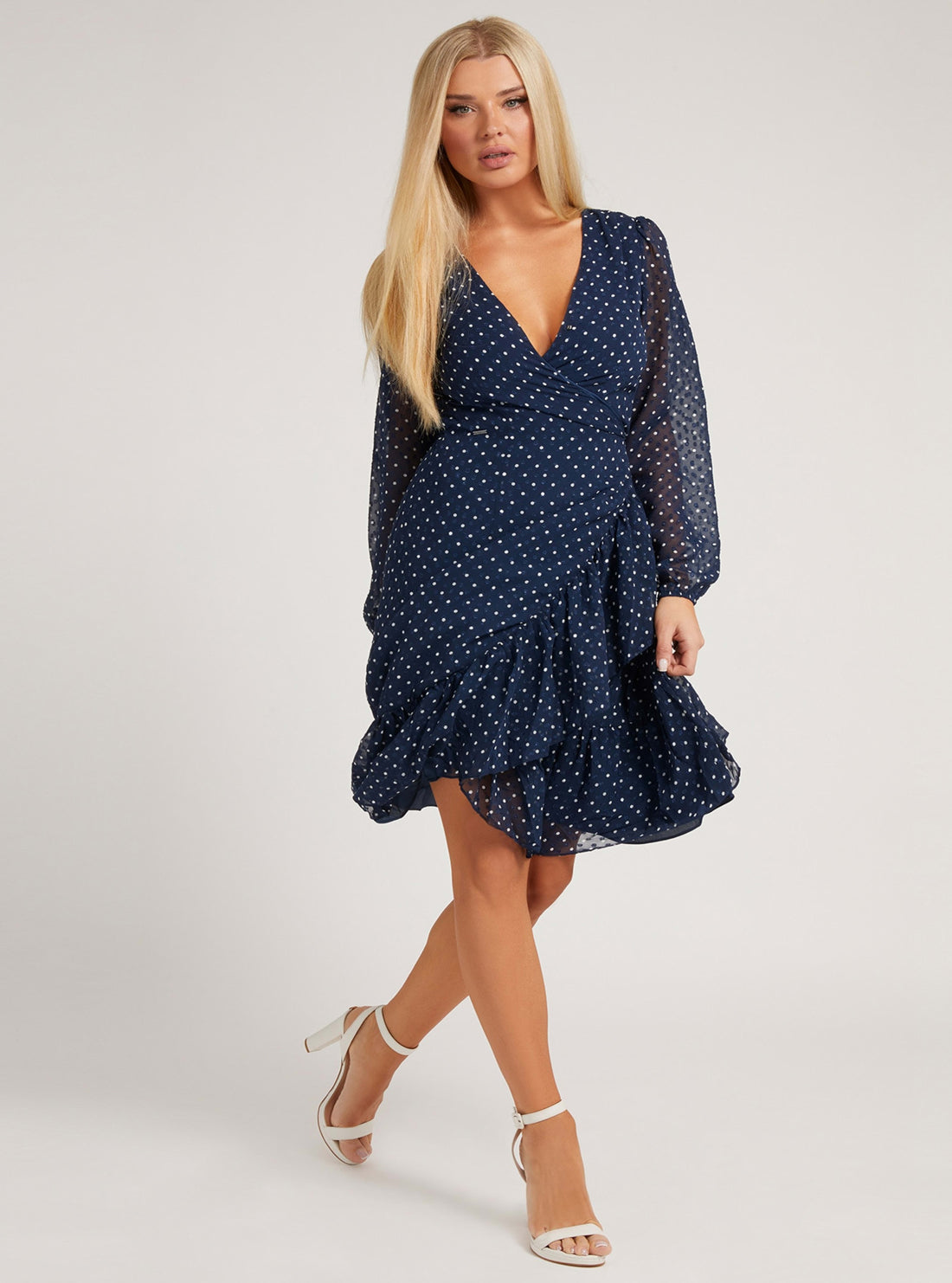 GUESS Womens Blue Dot Nina Wrap Dress W2RK23WEE82 Model Full View