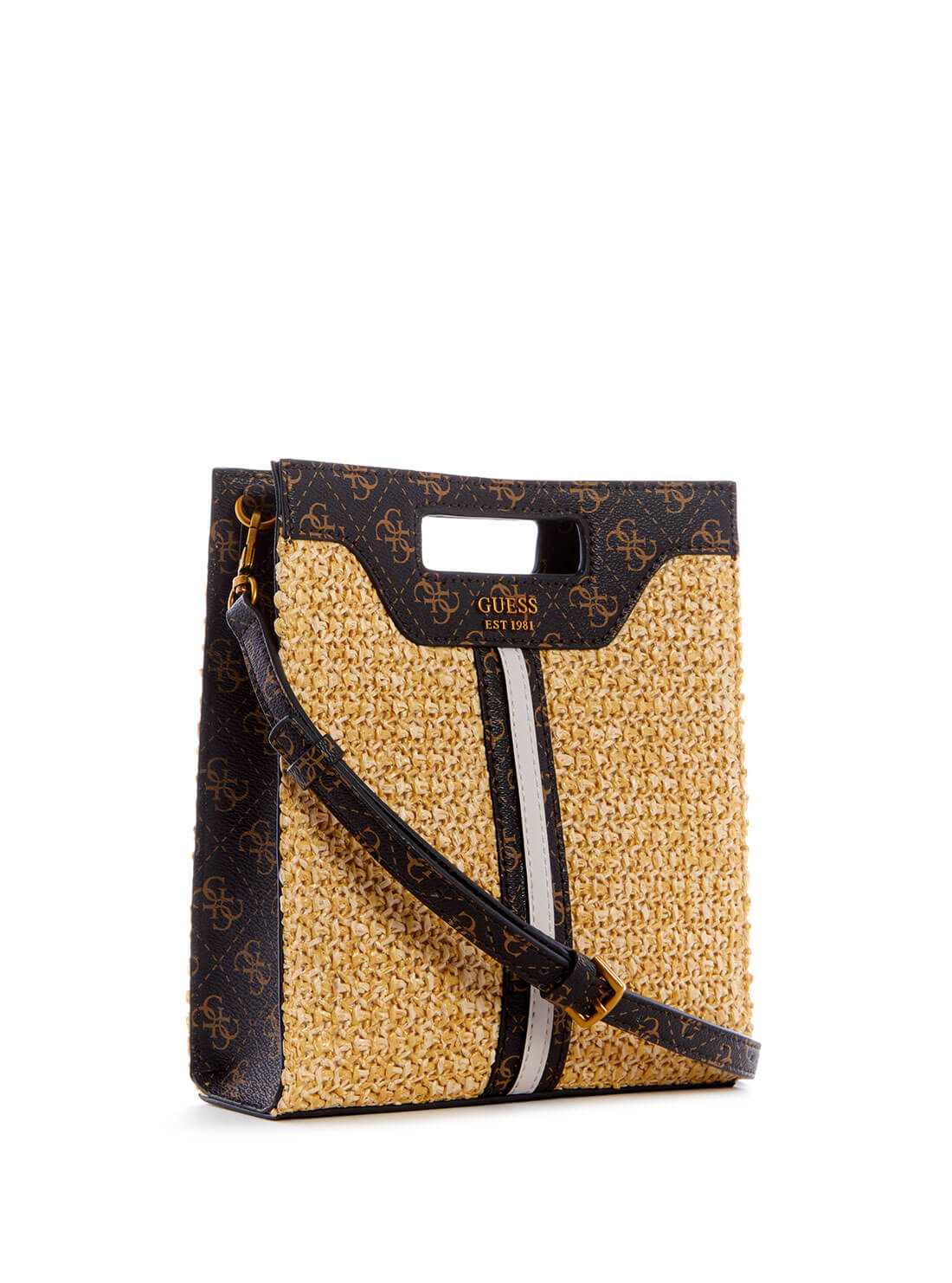 GUESS Womens Brown Multi Logo Kasinta Raffia Mini Tote Bag SB841775 Front Side  View