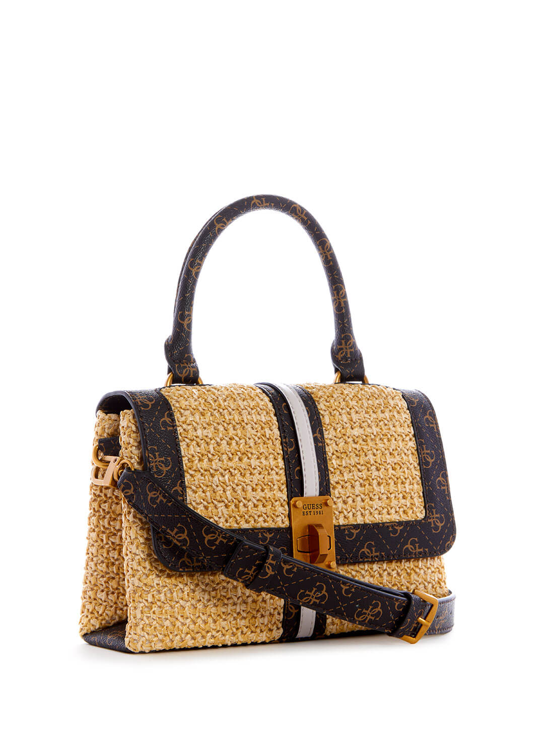 GUESS Womens Brown Multi Logo Kasinta Raffia Satchel Bag SB841720 Front Side View