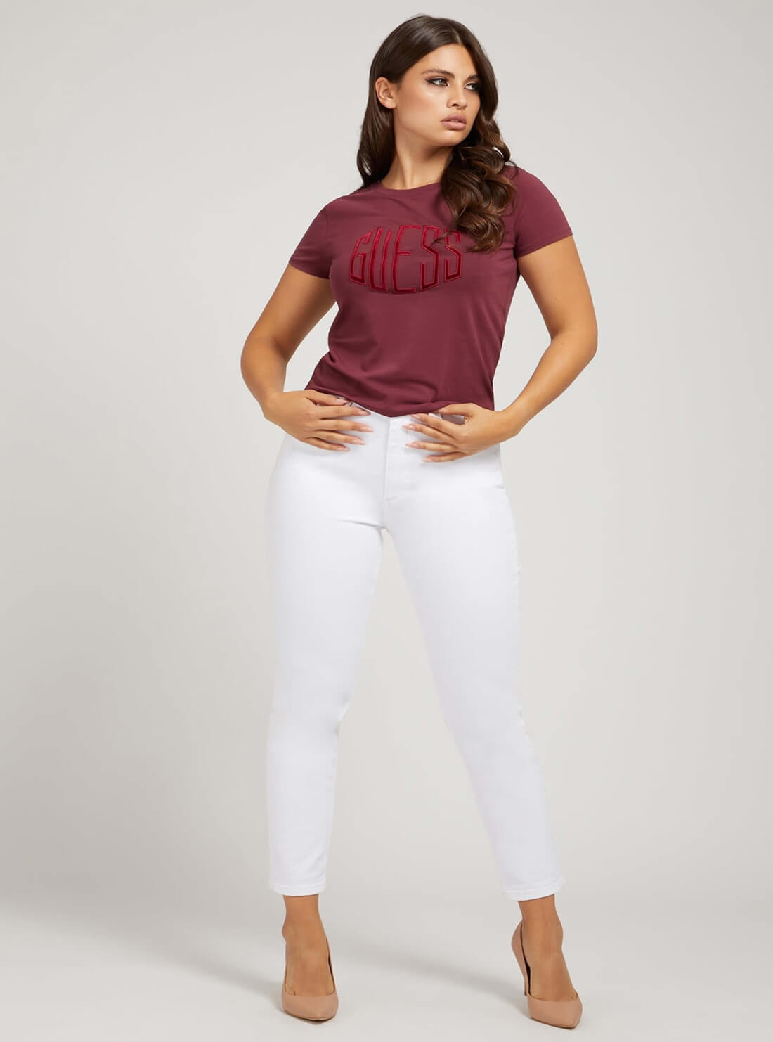 GUESS Womens Eco Burgundy Art Deco Logo T-Shirt W2RI20KAKZ3 Full View