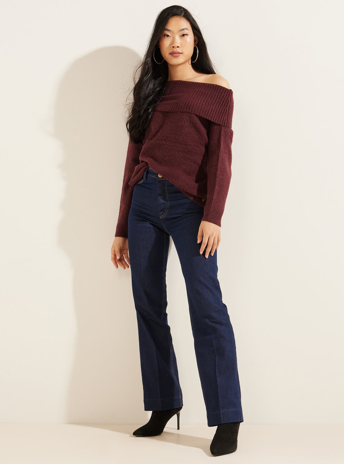 GUESS Womens Eco Burgundy Gerri Off Shoulder Knit Top W2RR31Z2YZ0 Full View