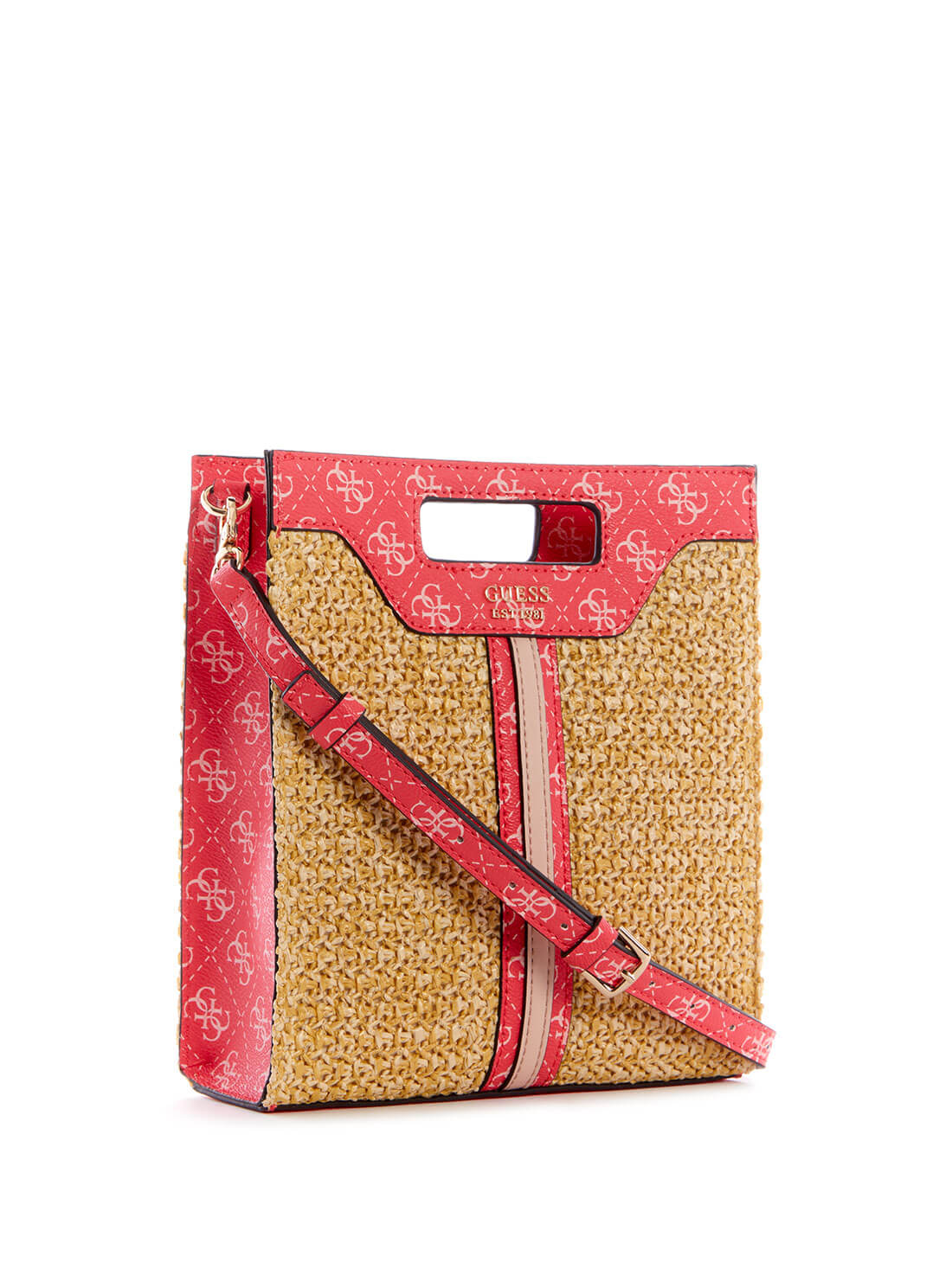 GUESS Womens Pink Multi Logo Kasinta Raffia Mini Tote Bag SG841775 Front Side View