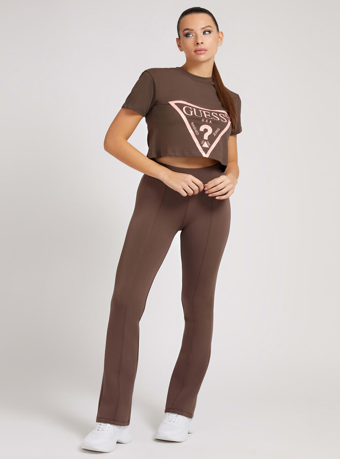 GUESS Womens  Eco Brown Adele Logo Crop T-Shirt V2RI00K8HM0 Full View