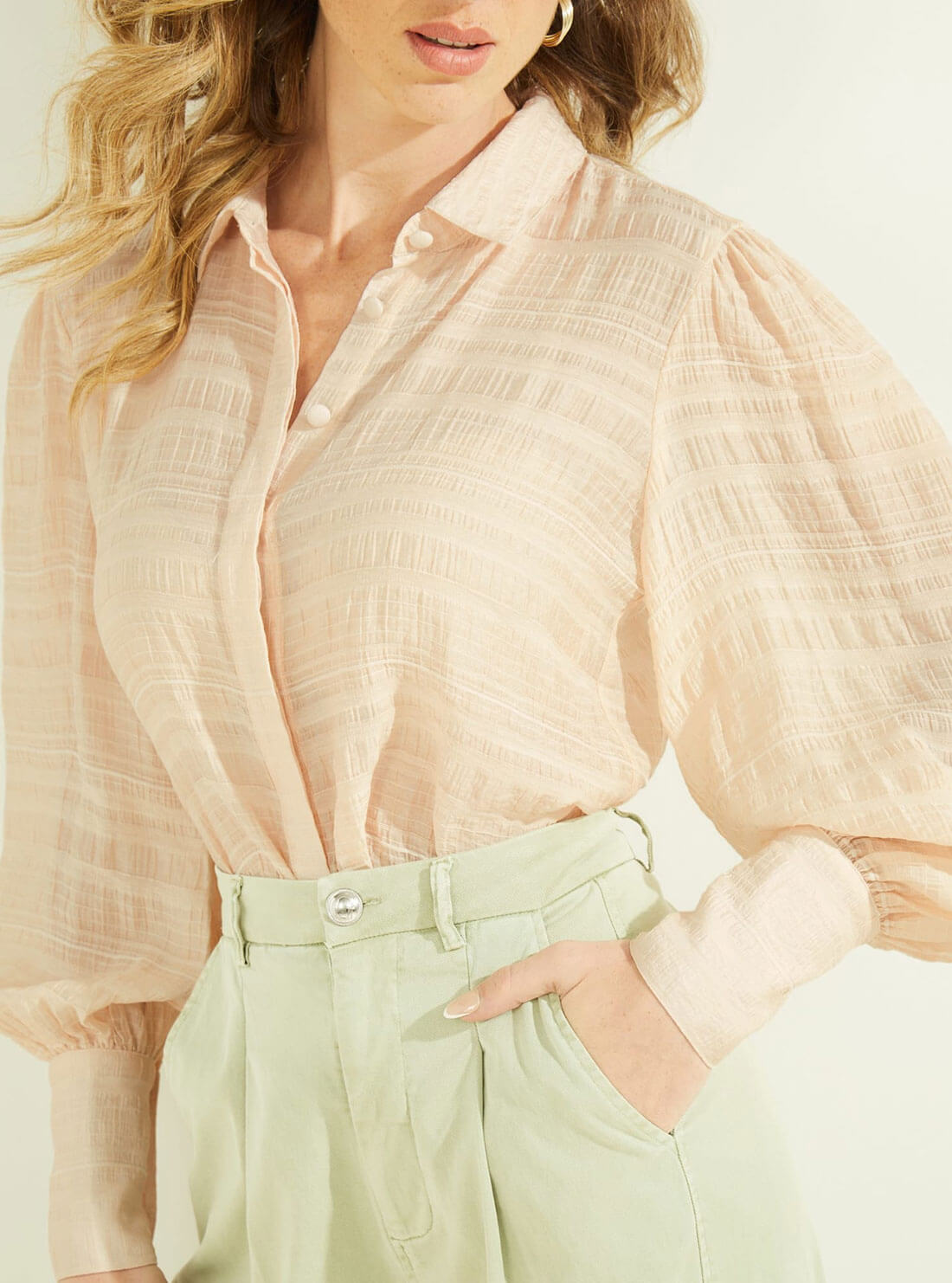 GUESS Womens Light Pink Rav Crinkle Shirt W2GH35WEIS0 Detail View