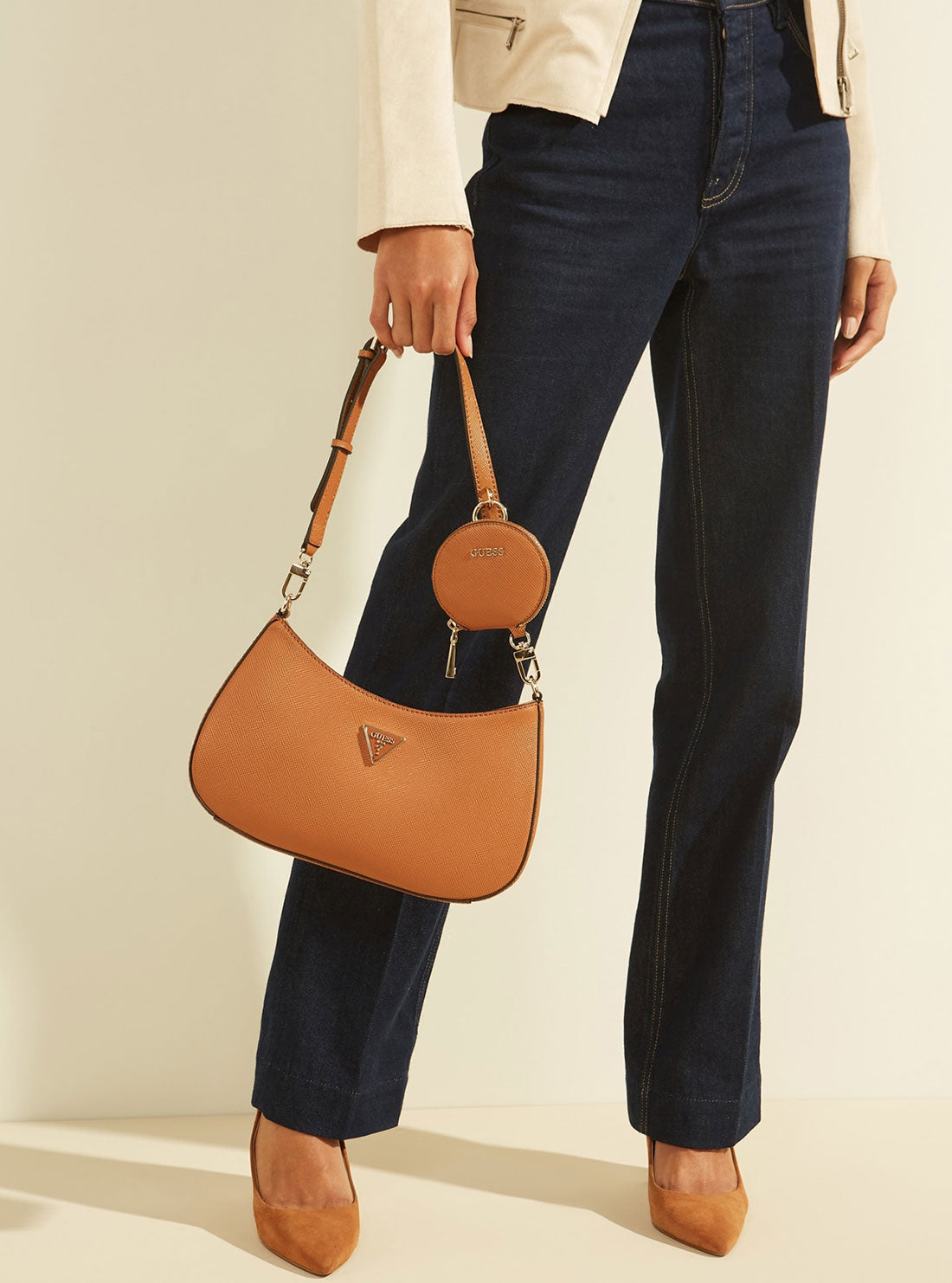 GUESS Womens Cognac Brown Alexie Shoulder Bag VG841618 Model View