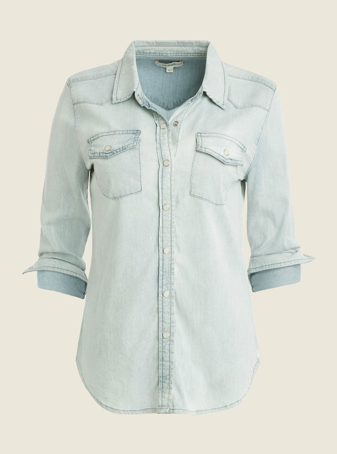 GUESS Womens Daydream Blue Wash Riley Denim Shirt Ghost Front View