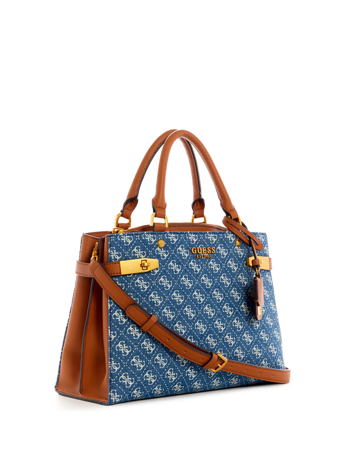 GUESS Women's Print Denim Logo Zadie Girlfriend Satchel DA839606 Front Side View