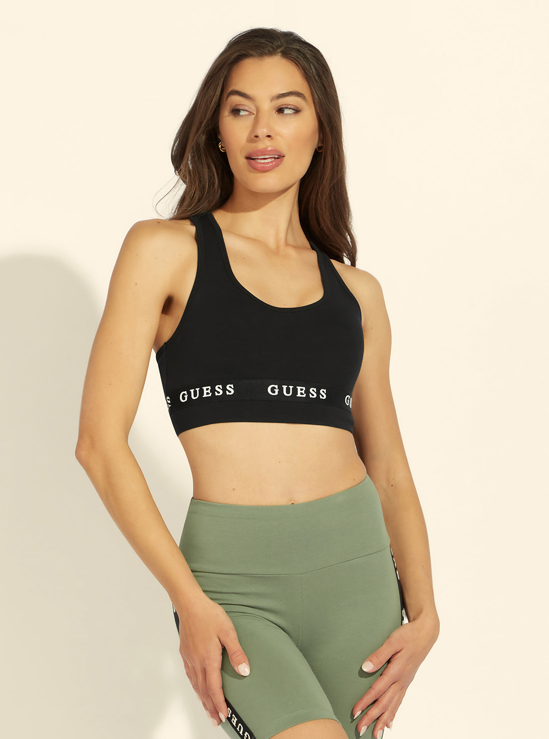 GUESS Womens Eco Black Aline Active Logo Bra V2RP07KABR0 Front Model View
