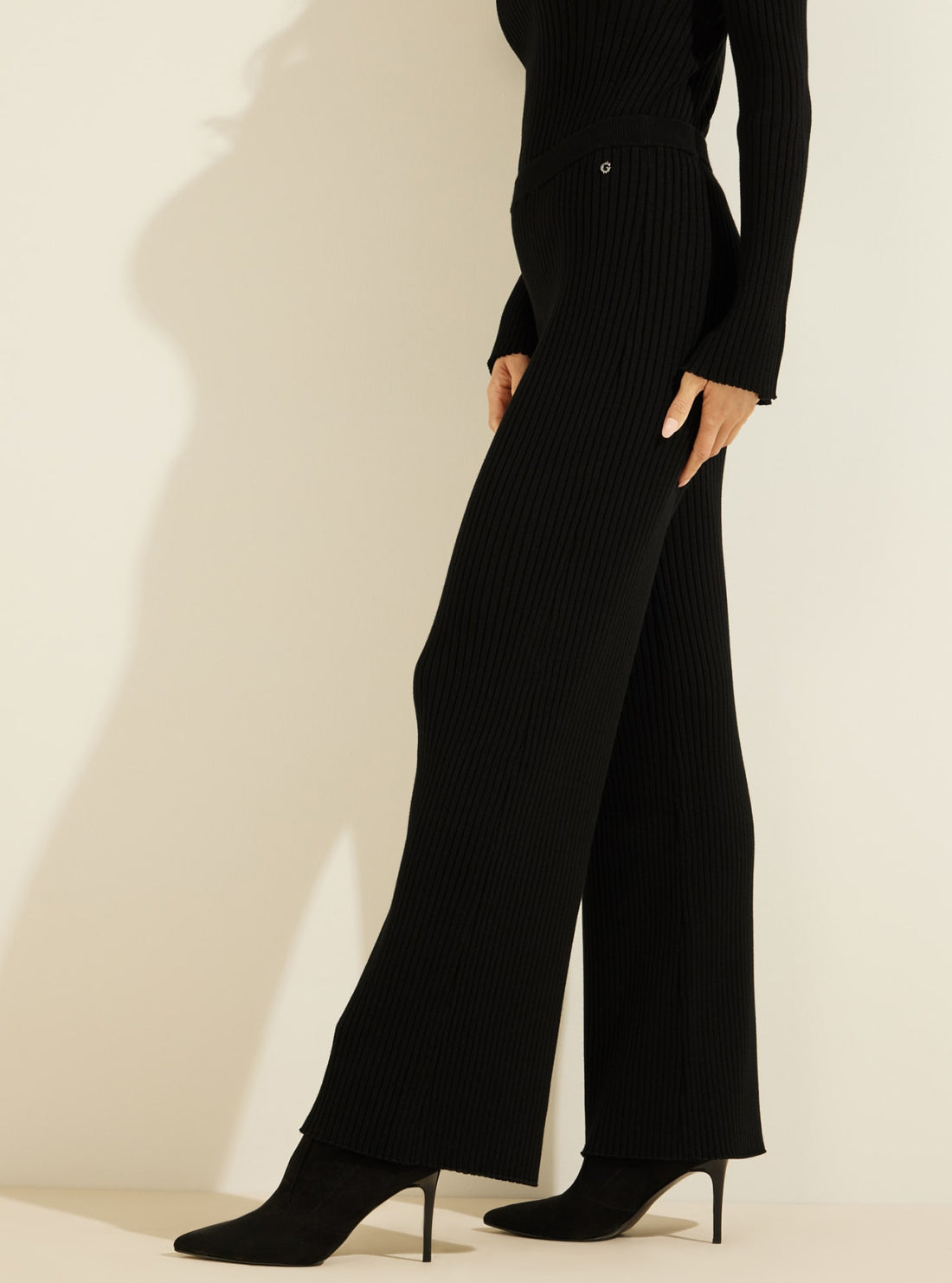 GUESS Womens Eco Black Colette Rib Knit Wide-Leg Pant W2RR11Z2YN0 Model Side View