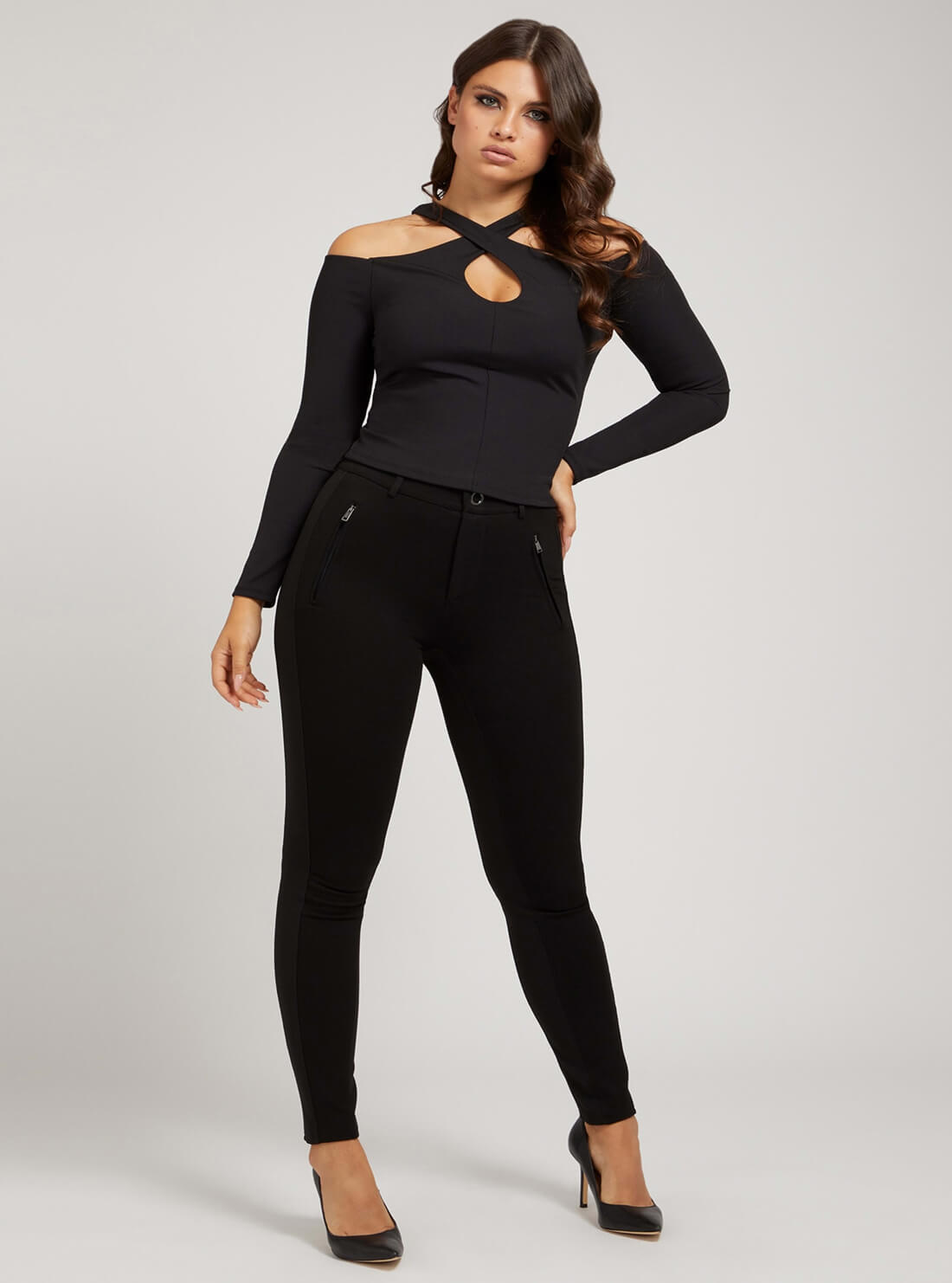 GUESS Womens Eco Black Lexa Off-Shoulder Top W1RP04KAVF1 Full View