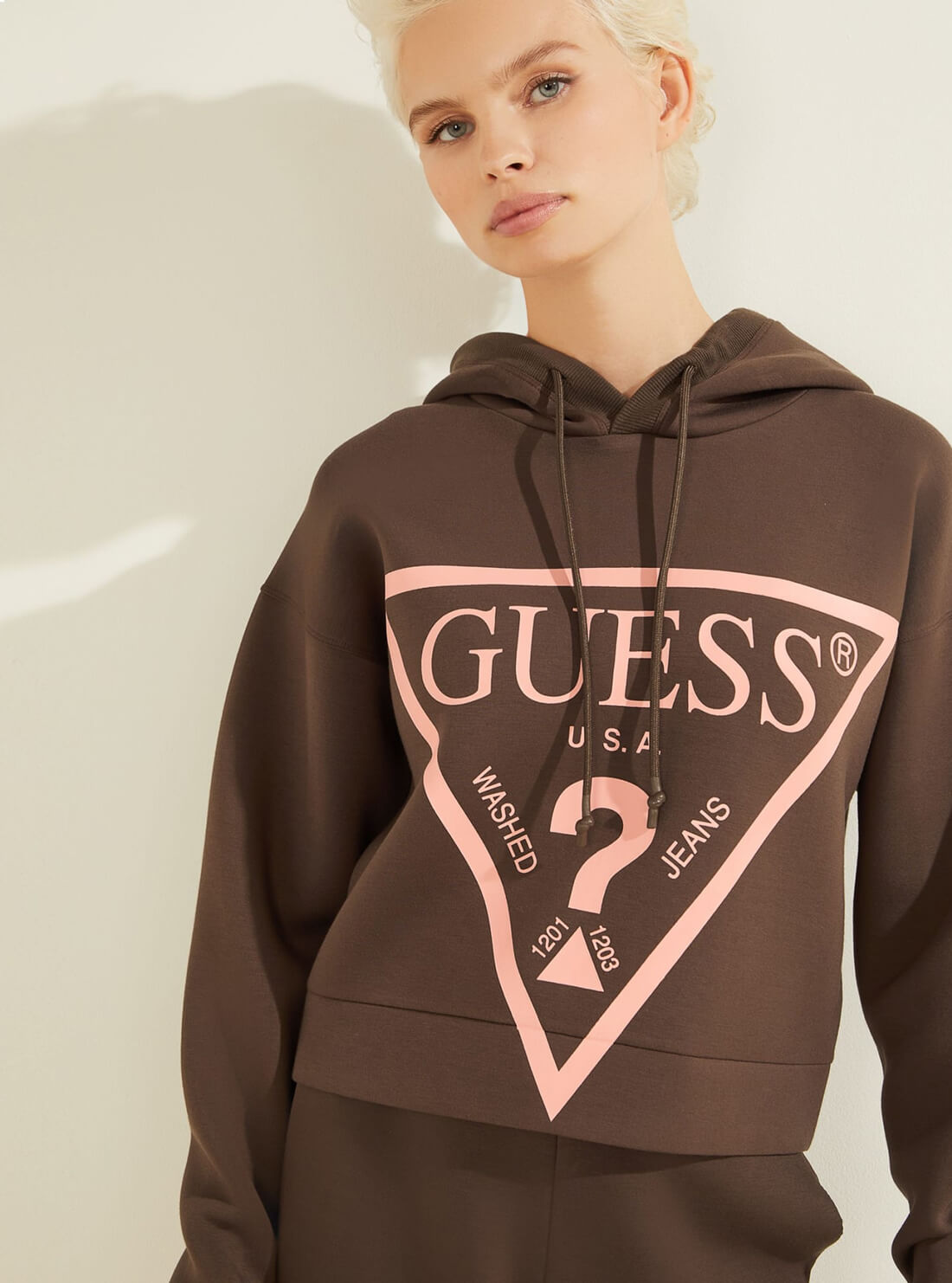 GUESS Womens  Eco Brown Alisa Active Logo Hoodie Jumper  V2RQ10KAMN2 Detail View