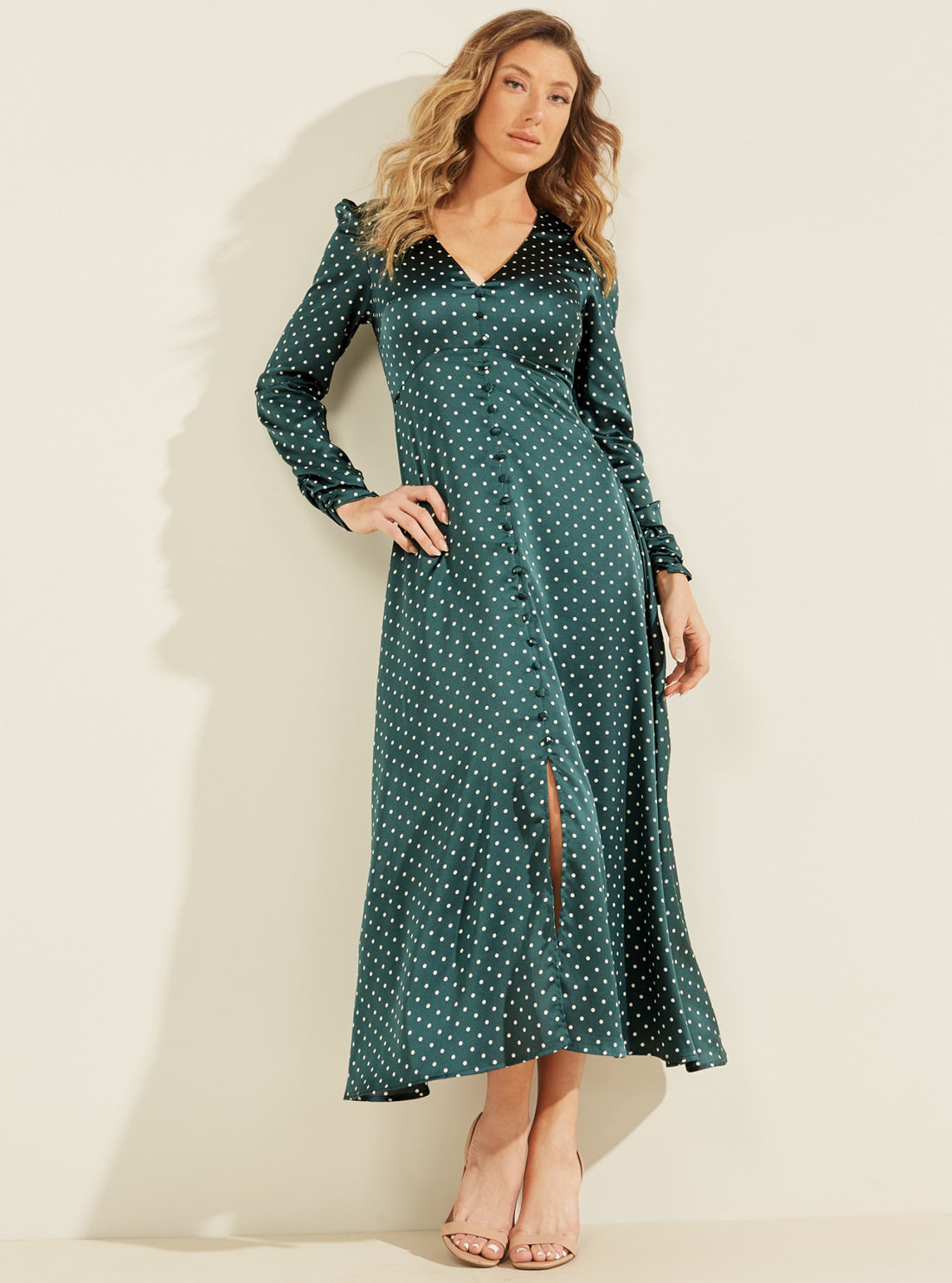 GUESS Womens Eco Green Polka Dot Neva Maxi Dress W2RK00WD8G2 Full View