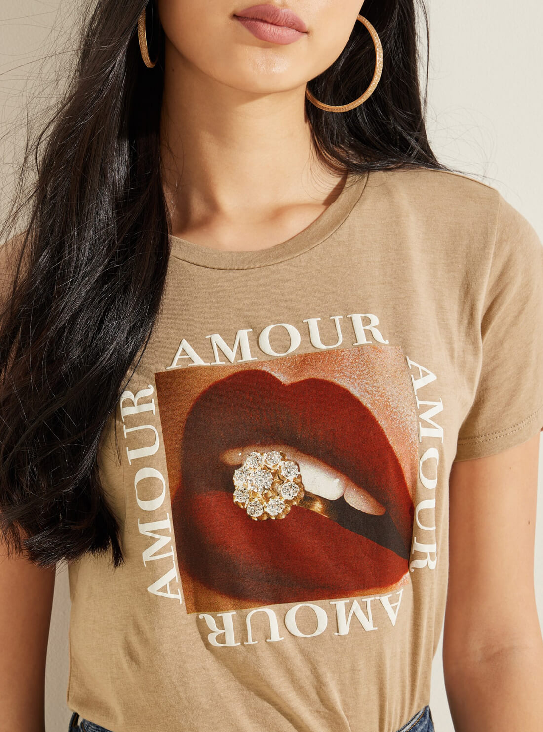 GUESS Womens Eco Tan Amour Amour Easy T-Shirt W2RI18K9TD3 Detail View