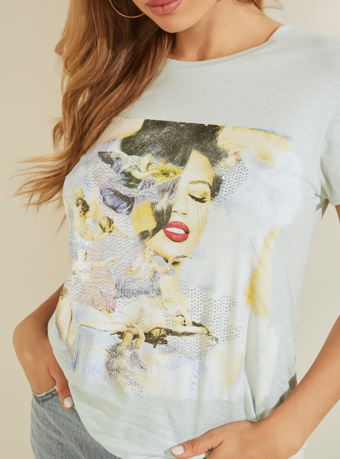 GUESS Womens Eco Blue Graphic Print Palm Angel Girl T-Shirt W1RP05K9SN3 Detail View