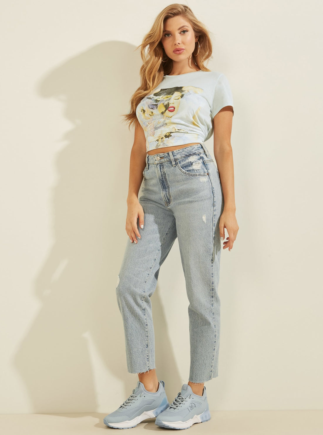 GUESS Womens Eco Blue Graphic Print Palm Angel Girl T-Shirt W1RP05K9SN3 Full View