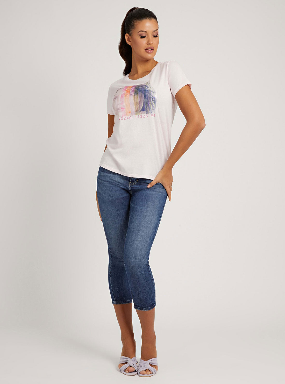 GUESS Womens Eco Pink Graphic Barcode Girl Easy T-Shirt W2GI44K9SN1 Full View