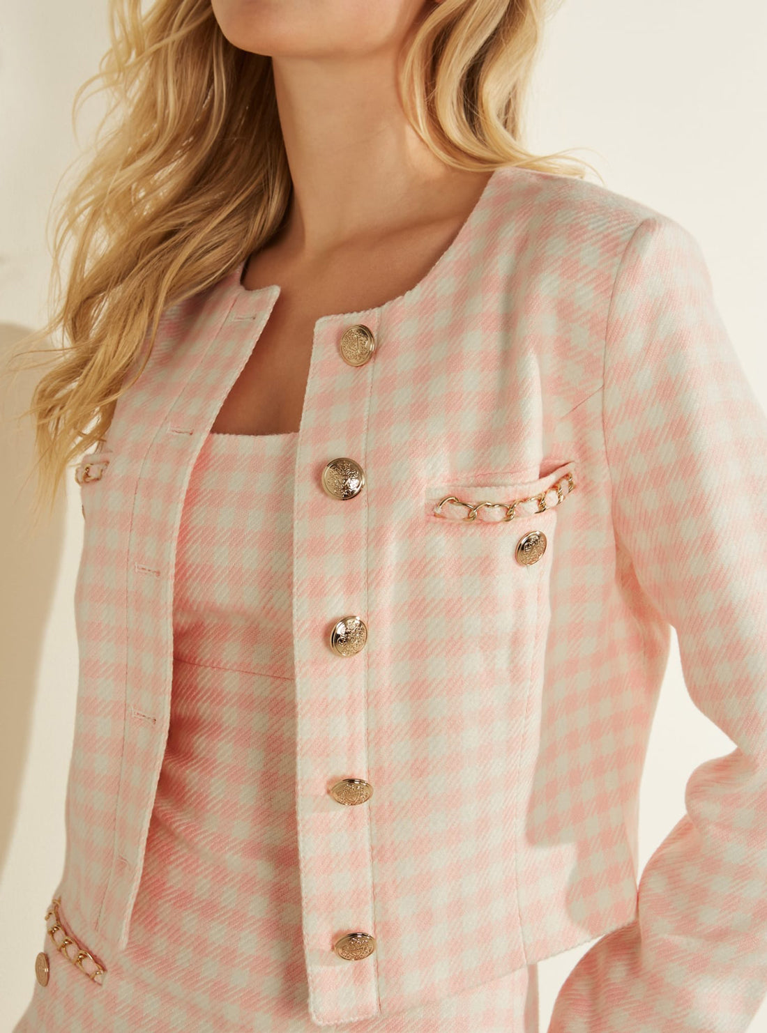 GUESS Womens Eco Pink Gingham Bella Tweed Jacket W1RN15WECT0 Detail View