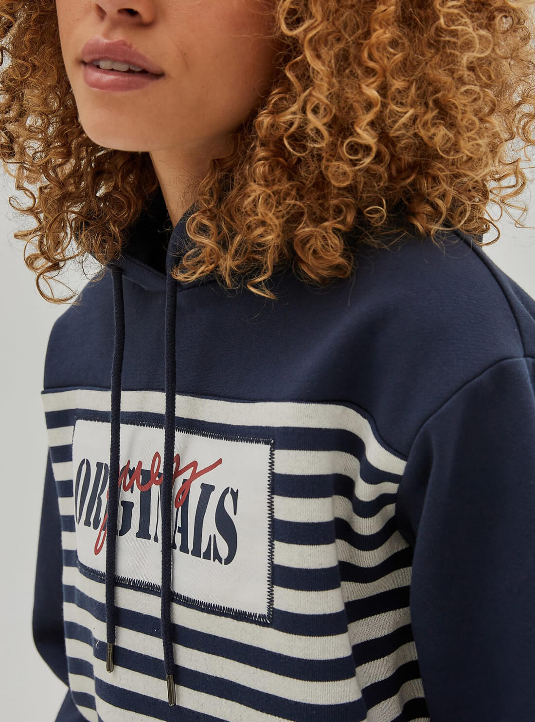 GUESS Womens Guess Originals Blue Stripe Alia Cropped Hoodie W1RP31K9YH3 Detail View