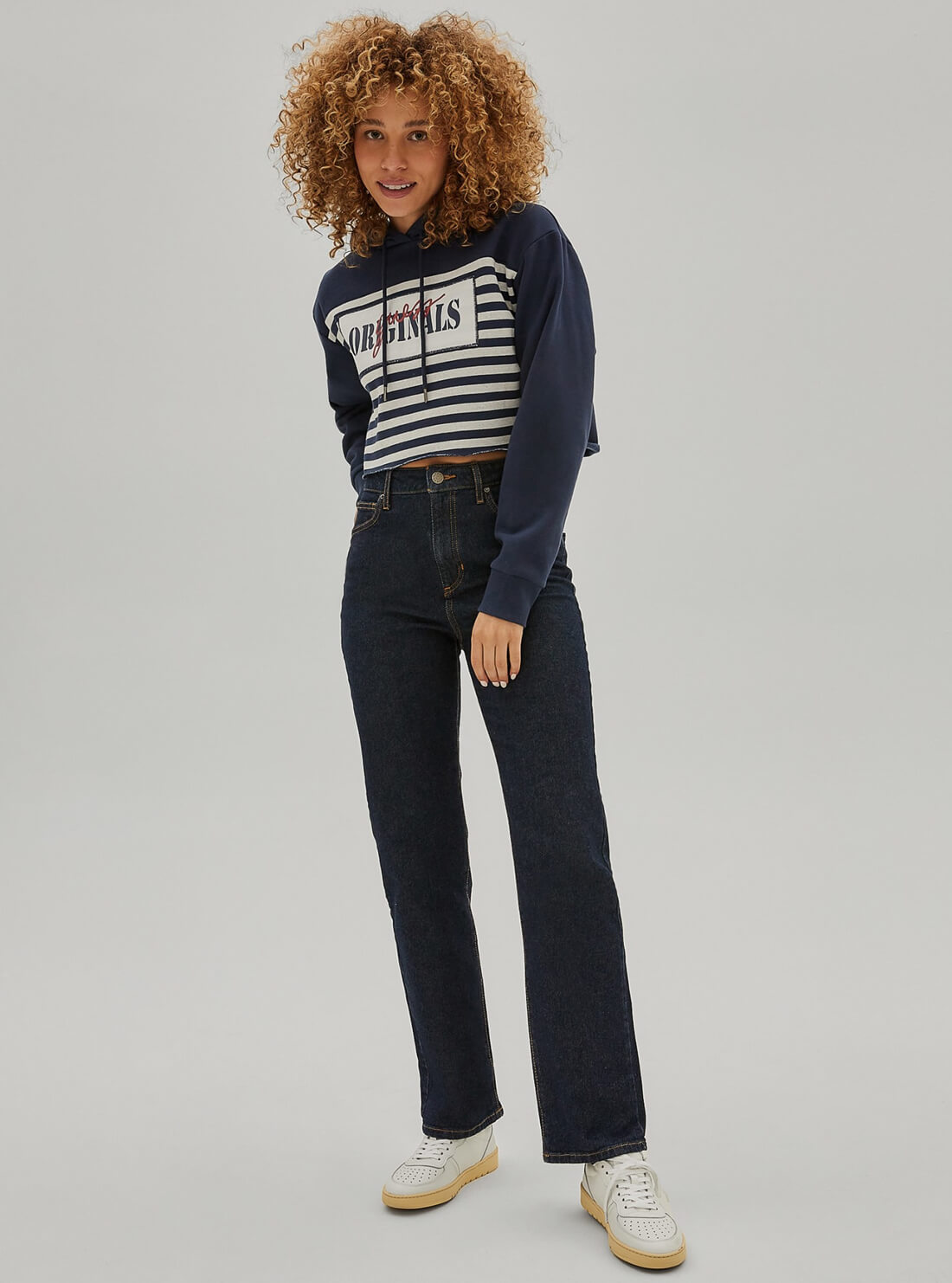 GUESS Womens Guess Originals Blue Stripe Alia Cropped Hoodie W1RP31K9YH3 Full View