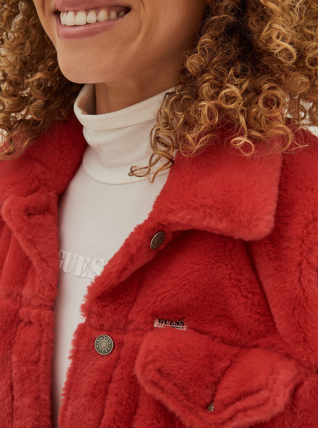 GUESS Womens Guess Originals Red Ella Oversized Fur Jacket W1RN02K8BV0 Detail View