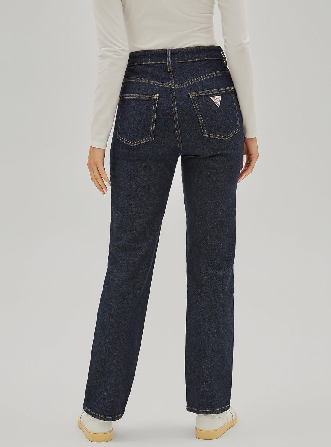 GUESS Womens Guess Originals High-Rise Mom Fit Denim Jeans in Dark Rinse Wash W1RG07D49T5 Back View